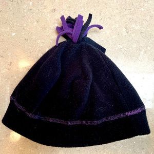 Youth sized fleece beanie cap! Black with purple & black pom pom.